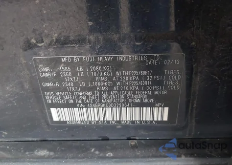 2013 Subaru Outback 2.5I Limited z USA, uszkodzony, nr VIN 4S4BRBKC0D3290841